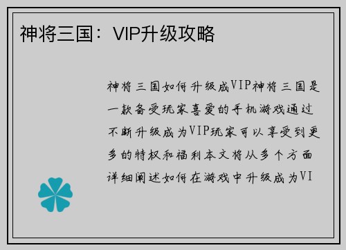神将三国：VIP升级攻略